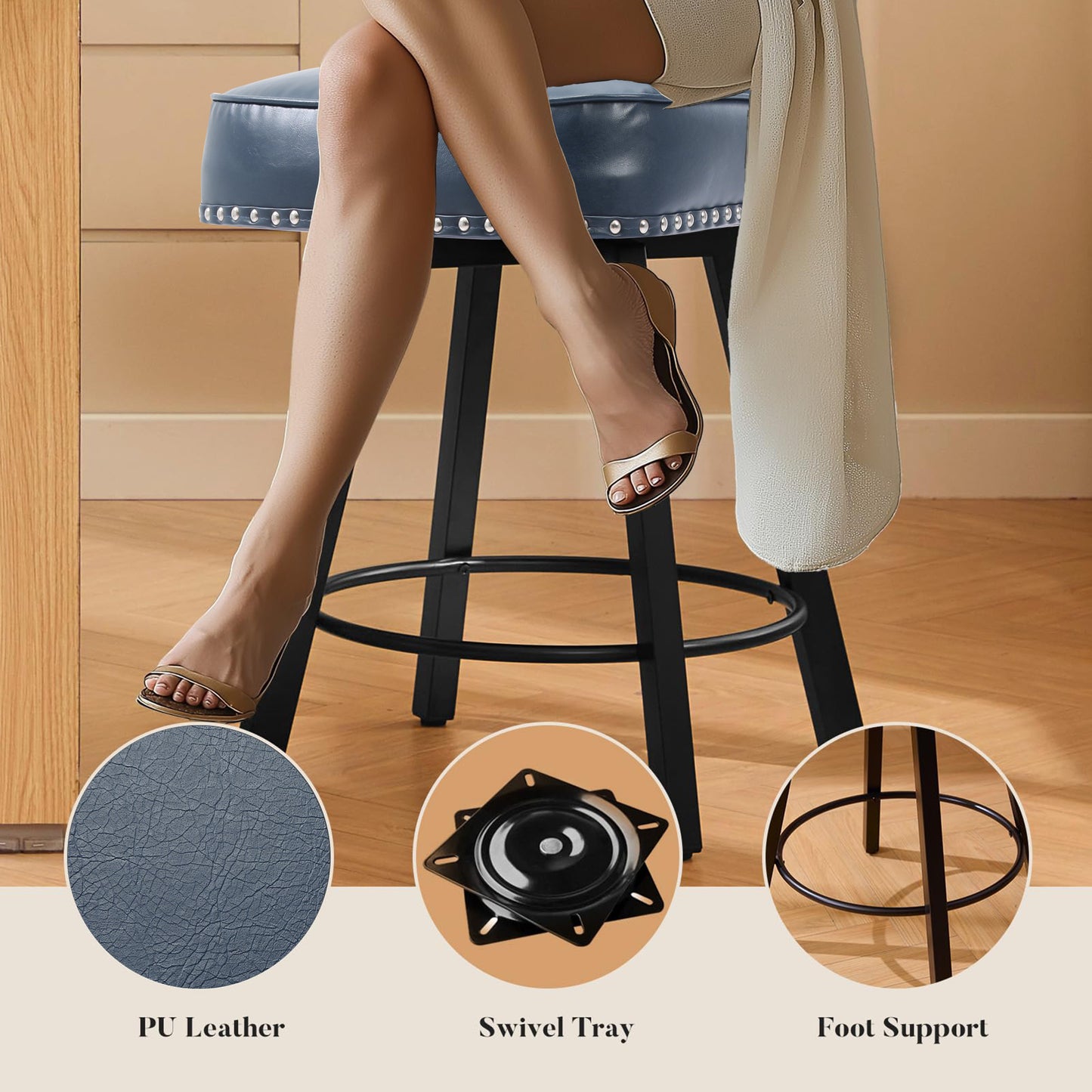 ZORRTIK Counter Height Bar Stools, 26" Mid-Century Swivel Bar Stool with Metal Base for Kitchen Island, Rivet Armless Faux PU Leather Barstool with High Back and Large Thick Cushion