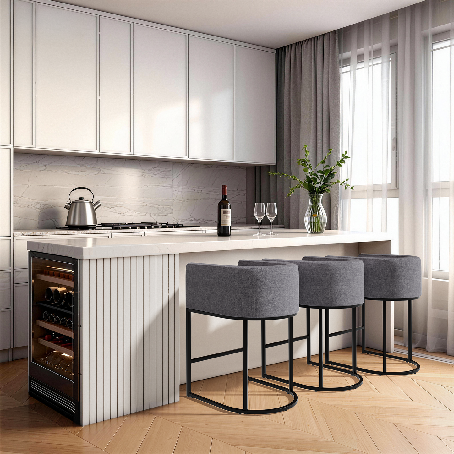 ZORRTIK Bar Stools Set of 3-27" Barrel Shaped Counter Height Bar Stools with Backrest & Arms, Modern Bar Chairs, 6.2" Extra-Thick Cushion, Elegant Counter Stools for Kitchen Island, Beige