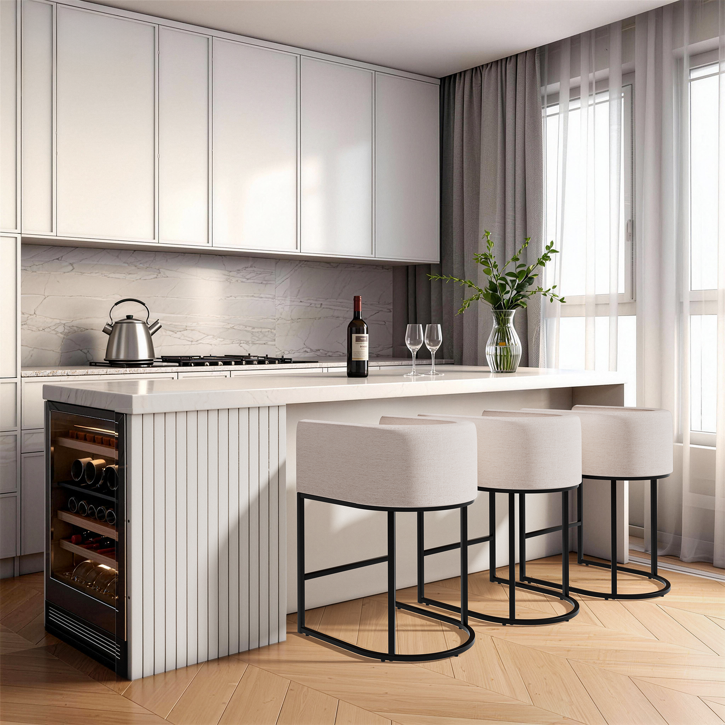 ZORRTIK Bar Stools Set of 3-27" Barrel Shaped Counter Height Bar Stools with Backrest & Arms, Modern Bar Chairs, 6.2" Extra-Thick Cushion, Elegant Counter Stools for Kitchen Island, Beige