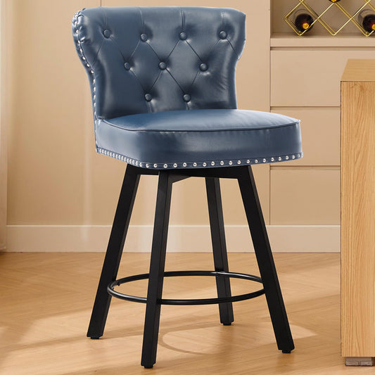 ZORRTIK Counter Height Bar Stools, 26" Mid-Century Swivel Bar Stool with Metal Base for Kitchen Island, Rivet Armless Faux PU Leather Barstool with High Back and Large Thick Cushion