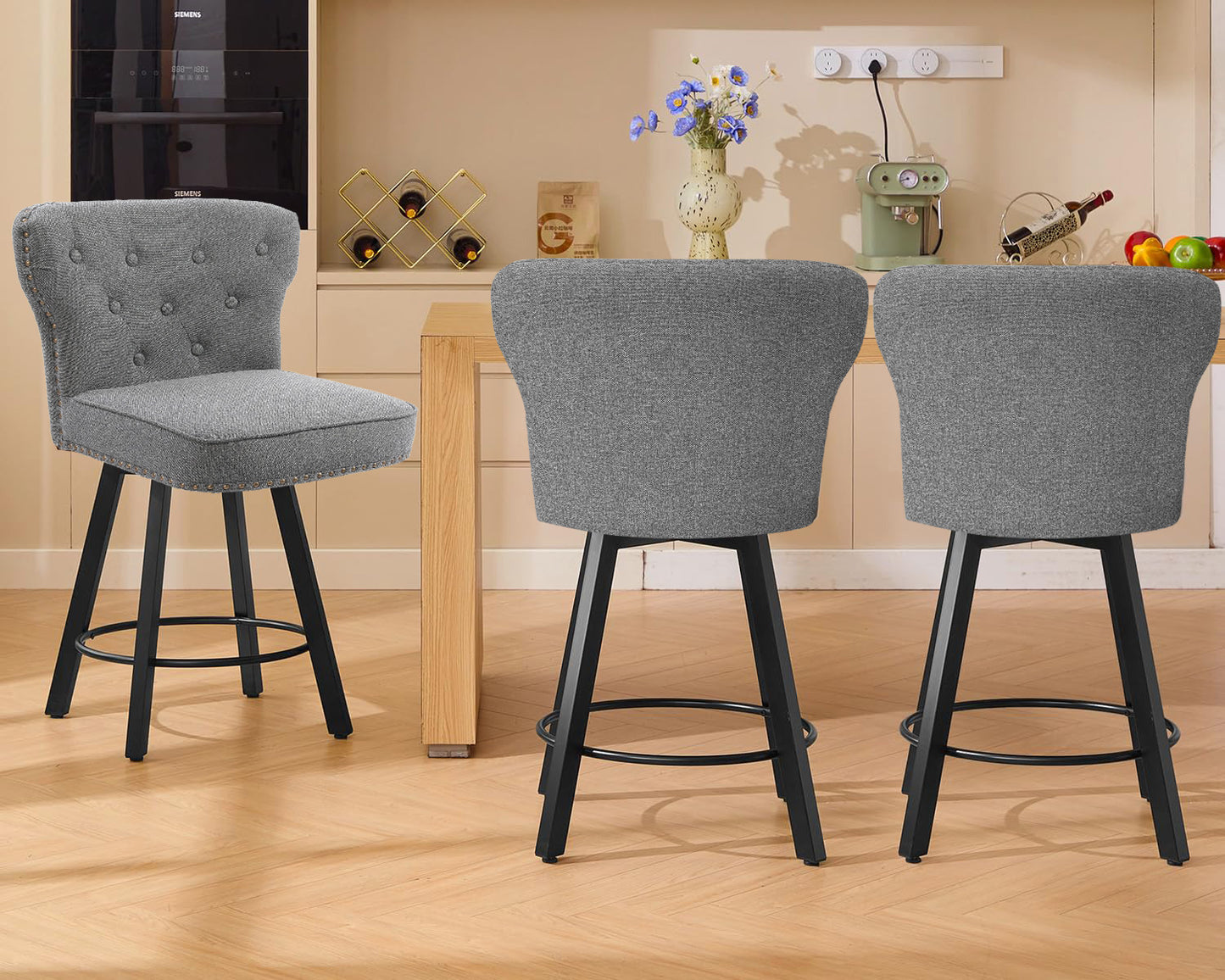 ZORRTIK Counter Height Bar Stools, 26" Mid-Century Swivel Bar Stool with Metal Base for Kitchen Island, Rivet Armless Faux PU Leather Barstool with High Back and Large Thick Cushion