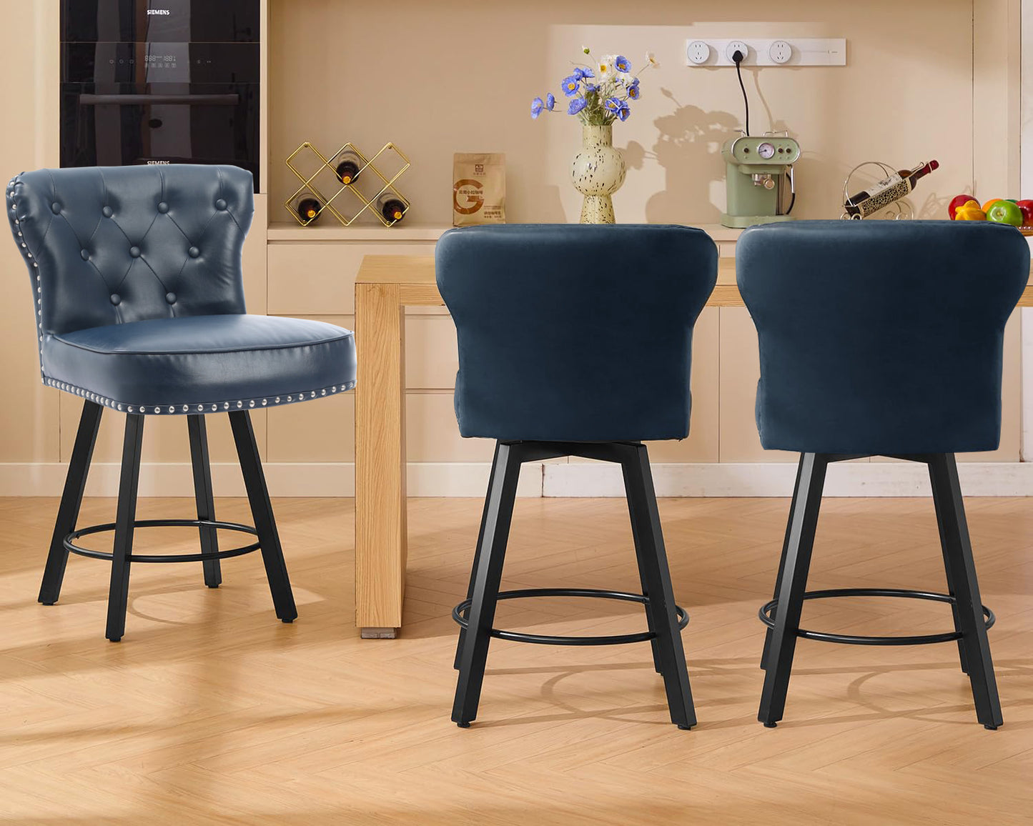 ZORRTIK Counter Height Bar Stools, 26" Mid-Century Swivel Bar Stool with Metal Base for Kitchen Island, Rivet Armless Faux PU Leather Barstool with High Back and Large Thick Cushion