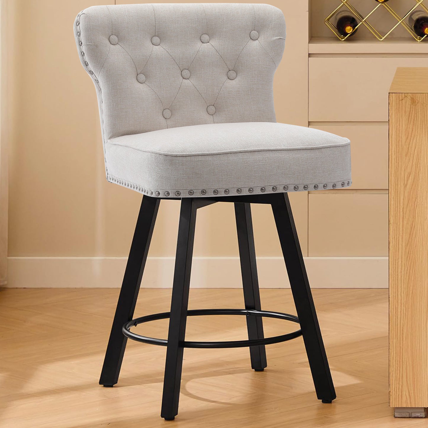 ZORRTIK Counter Height Bar Stools, 26" Mid-Century Swivel Bar Stool with Metal Base for Kitchen Island, Rivet Armless Faux PU Leather Barstool with High Back and Large Thick Cushion