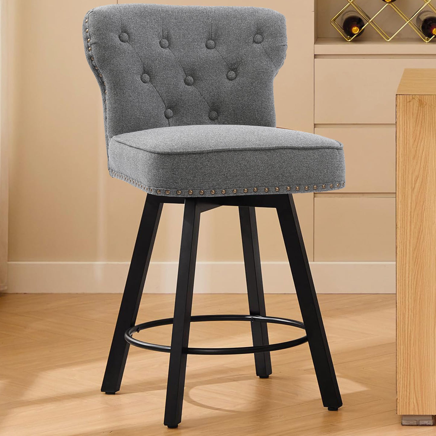 ZORRTIK Counter Height Bar Stools, 26" Mid-Century Swivel Bar Stool with Metal Base for Kitchen Island, Rivet Armless Faux PU Leather Barstool with High Back and Large Thick Cushion