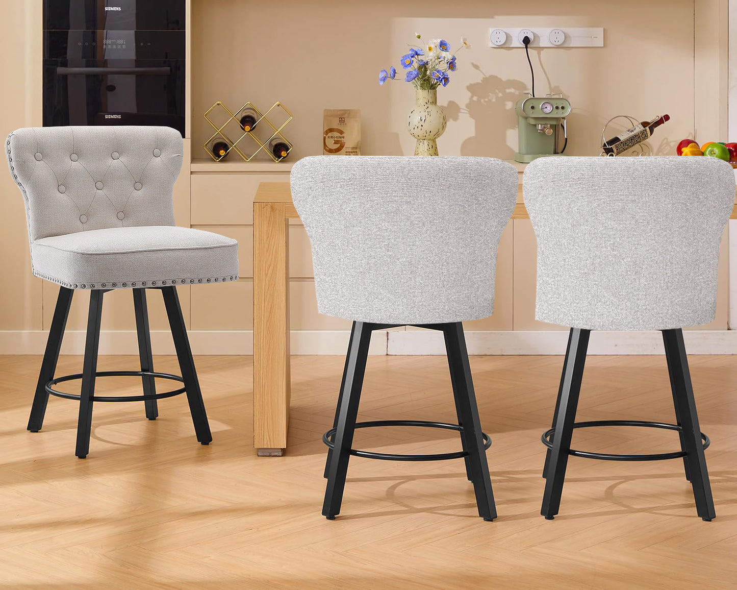 ZORRTIK Counter Height Bar Stools, 26" Mid-Century Swivel Bar Stool with Metal Base for Kitchen Island, Rivet Armless Faux PU Leather Barstool with High Back and Large Thick Cushion