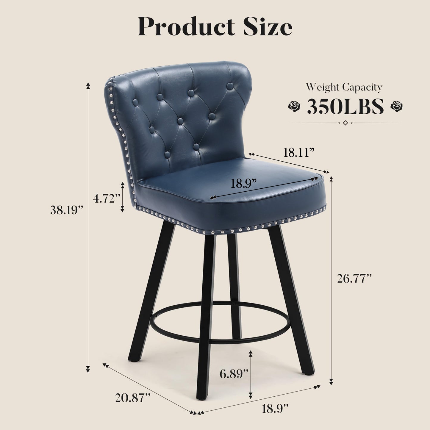 ZORRTIK Counter Height Bar Stools, 26" Mid-Century Swivel Bar Stool with Metal Base for Kitchen Island, Rivet Armless Faux PU Leather Barstool with High Back and Large Thick Cushion