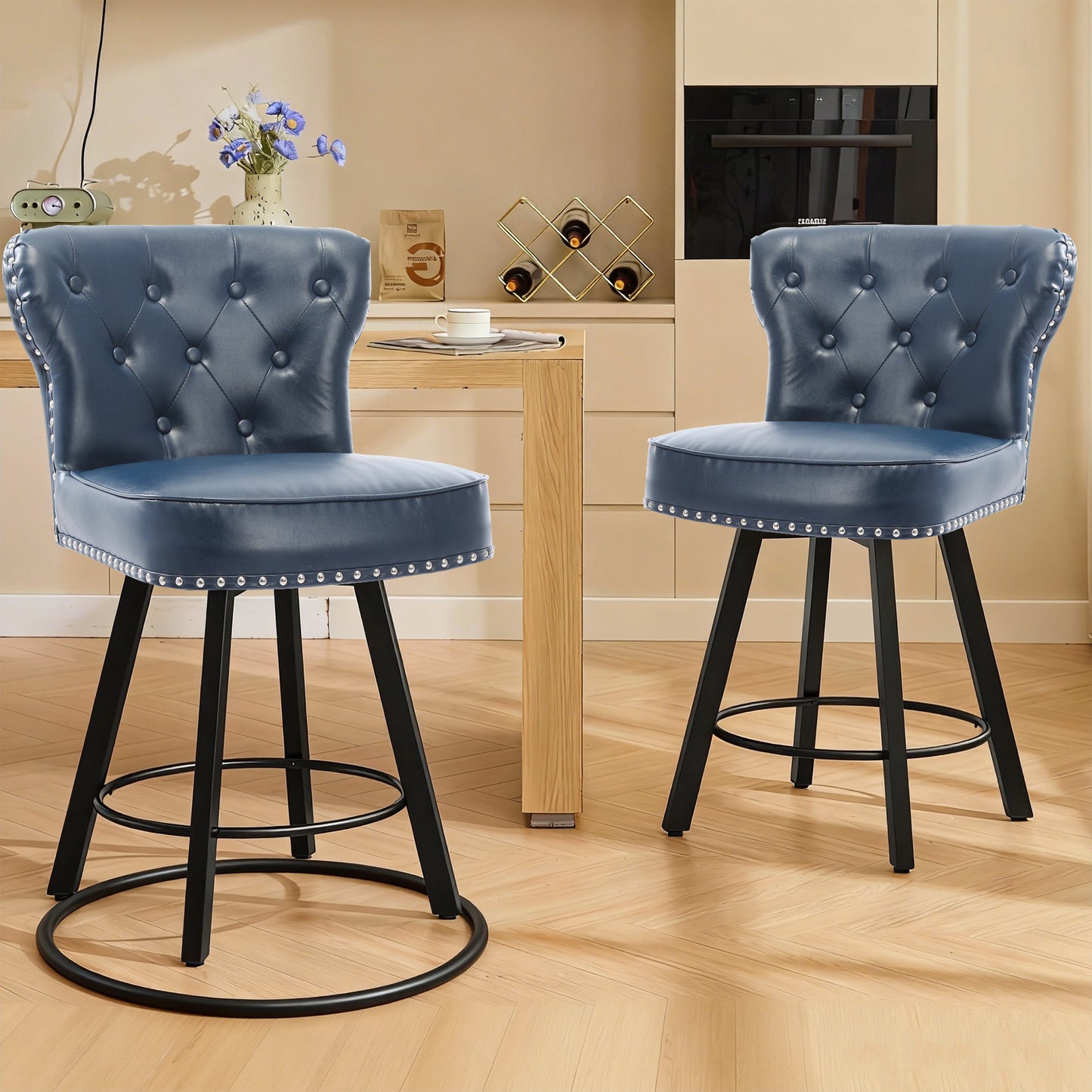 ZORRTIK Counter Height Bar Stools, 26" Mid-Century Swivel Bar Stool with Metal Base for Kitchen Island, Rivet Armless Faux PU Leather Barstool with High Back and Large Thick Cushion