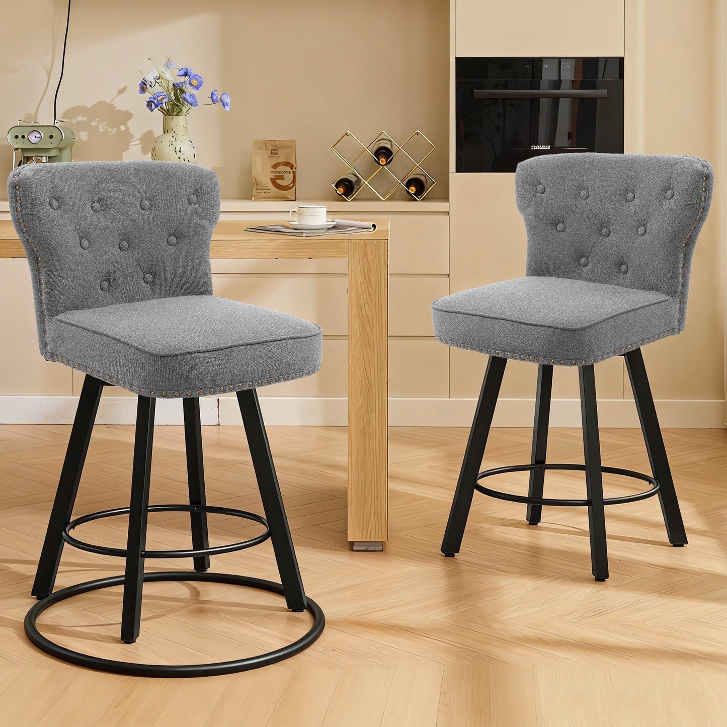 ZORRTIK Counter Height Bar Stools, 26" Mid-Century Swivel Bar Stool with Metal Base for Kitchen Island, Rivet Armless Faux PU Leather Barstool with High Back and Large Thick Cushion