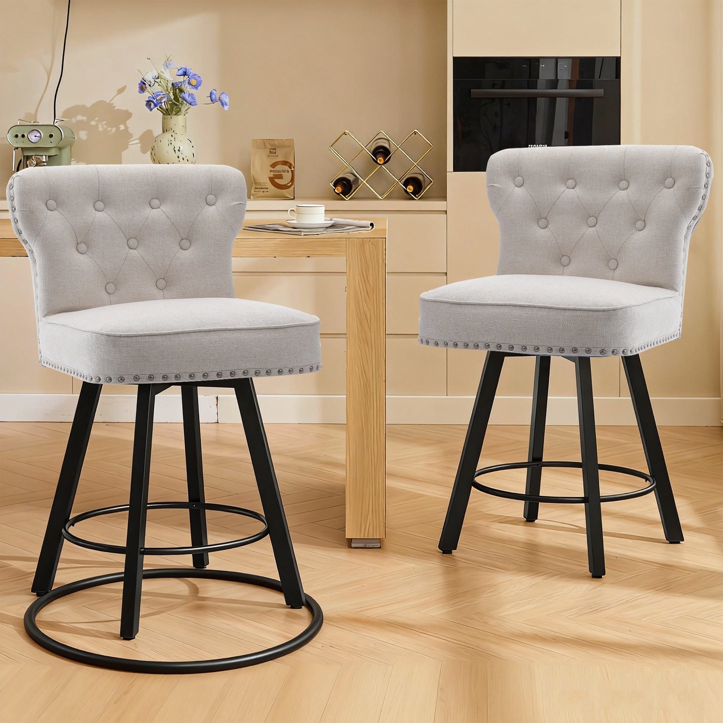 ZORRTIK Counter Height Bar Stools, 26" Mid-Century Swivel Bar Stool with Metal Base for Kitchen Island, Rivet Armless Faux PU Leather Barstool with High Back and Large Thick Cushion