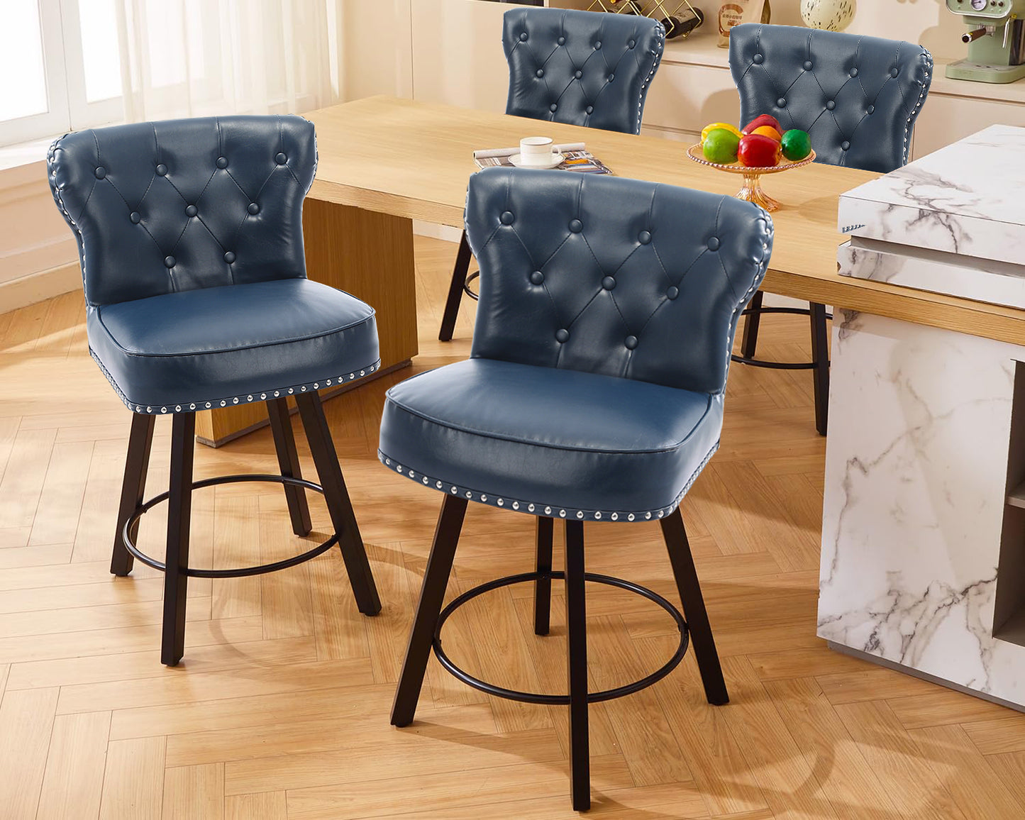 ZORRTIK Counter Height Bar Stools, 26" Mid-Century Swivel Bar Stool with Metal Base for Kitchen Island, Rivet Armless Faux PU Leather Barstool with High Back and Large Thick Cushion