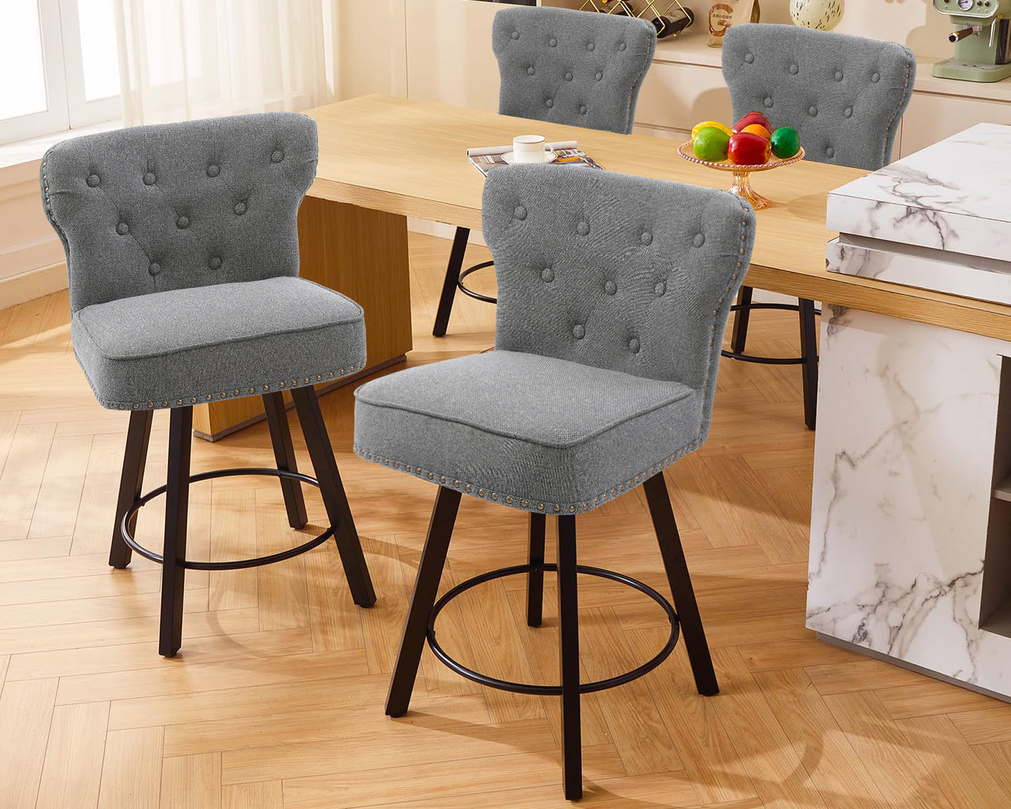 ZORRTIK Counter Height Bar Stools, 26" Mid-Century Swivel Bar Stool with Metal Base for Kitchen Island, Rivet Armless Faux PU Leather Barstool with High Back and Large Thick Cushion