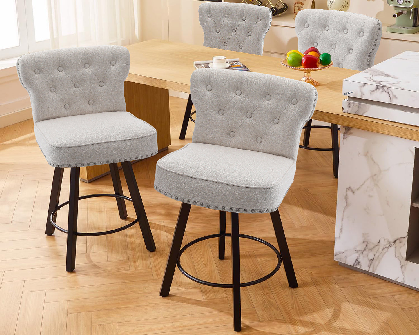 ZORRTIK Counter Height Bar Stools, 26" Mid-Century Swivel Bar Stool with Metal Base for Kitchen Island, Rivet Armless Faux PU Leather Barstool with High Back and Large Thick Cushion