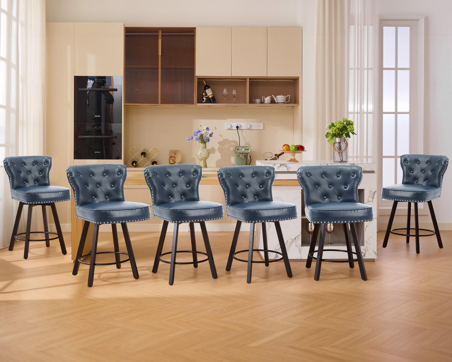 ZORRTIK Counter Height Bar Stools, 26" Mid-Century Swivel Bar Stool with Metal Base for Kitchen Island, Rivet Armless Faux PU Leather Barstool with High Back and Large Thick Cushion