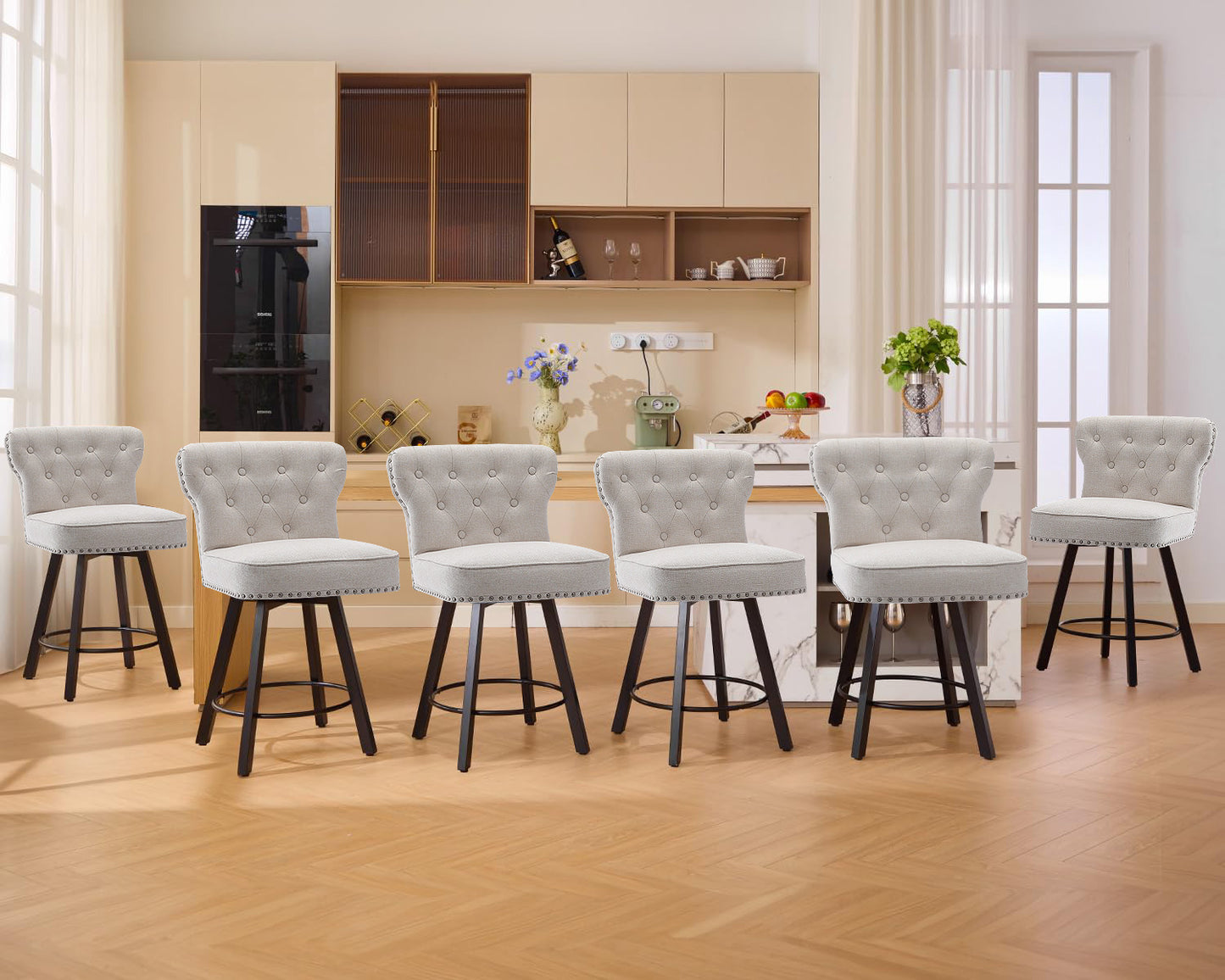 ZORRTIK Counter Height Bar Stools, 26" Mid-Century Swivel Bar Stool with Metal Base for Kitchen Island, Rivet Armless Faux PU Leather Barstool with High Back and Large Thick Cushion