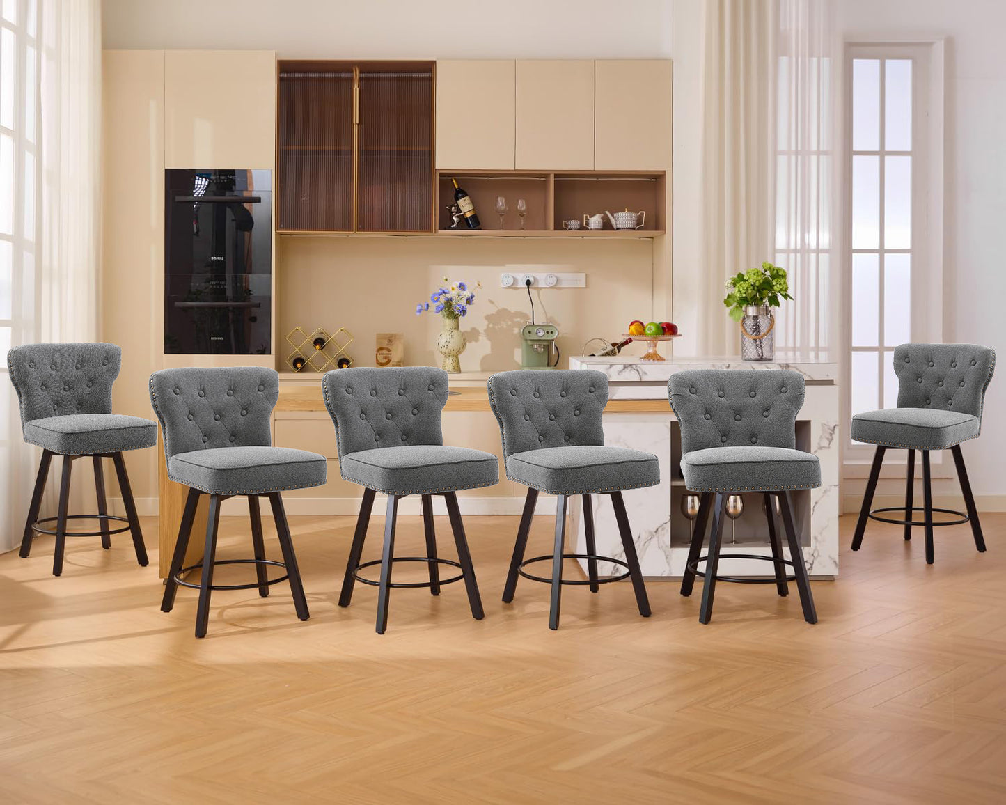 ZORRTIK Counter Height Bar Stools, 26" Mid-Century Swivel Bar Stool with Metal Base for Kitchen Island, Rivet Armless Faux PU Leather Barstool with High Back and Large Thick Cushion